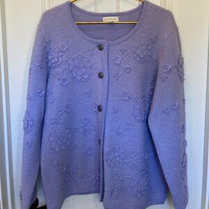 Appleseed's Lavender Floral Cardigan, Women’s XL – 100% Wool